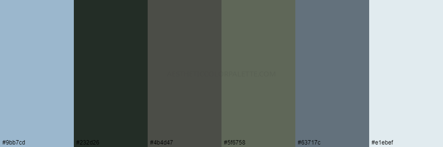 color palette 9bb7cd 232d26 4b4d47 5f6758 63717c e1ebef