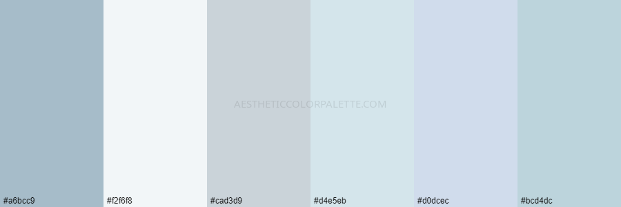 color palette a6bcc9 f2f6f8 cad3d9 d4e5eb d0dcec bcd4dc