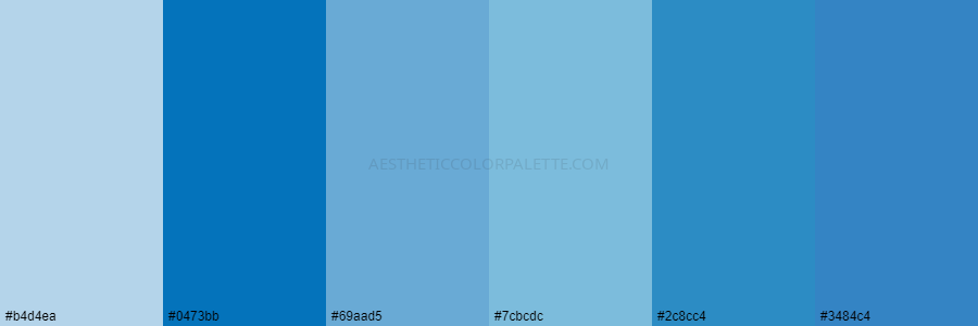 color palette b4d4ea 0473bb 69aad5 7cbcdc 2c8cc4 3484c4