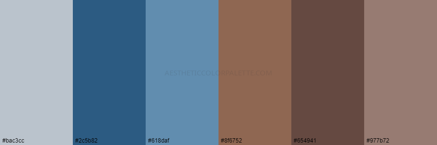color palette bac3cc 2c5b82 618daf 8f6752 654941 977b72
