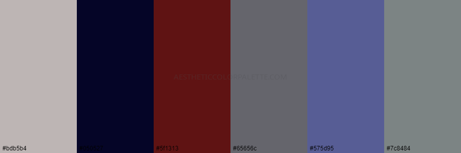 color palette bdb5b4 050527 5f1313 65656c 575d95 7c8484