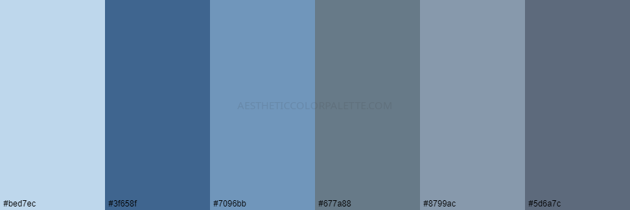 color palette bed7ec 3f658f 7096bb 677a88 8799ac 5d6a7c