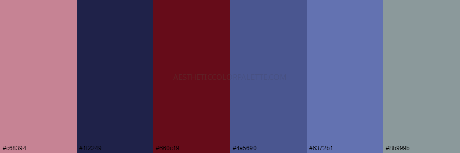 color palette c68394 1f2249 660c19 4a5690 6372b1 8b999b