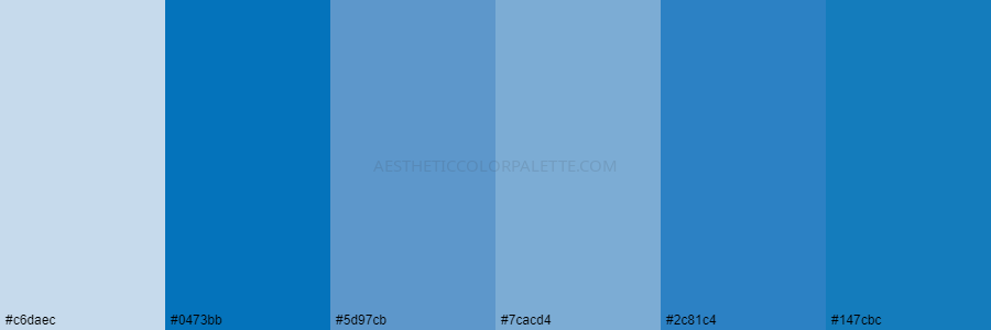 color palette c6daec 0473bb 5d97cb 7cacd4 2c81c4 147cbc