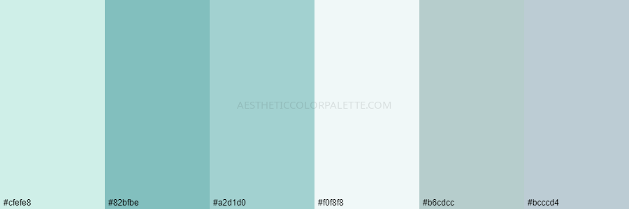 color palette cfefe8 82bfbe a2d1d0 f0f8f8 b6cdcc bcccd4