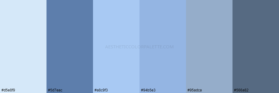 color palette d5e8f9 5d7eac a8c9f3 94b5e3 95adca 566a82
