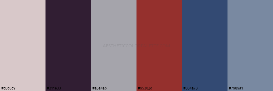 color palette d8c8c9 311e33 a5a4ab 95302d 334a73 7989a1