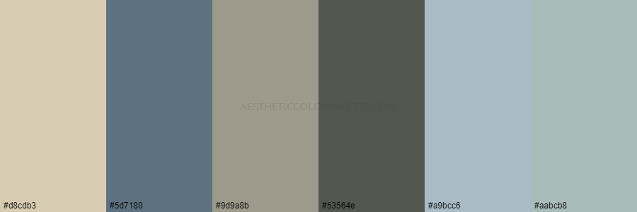 color palette d8cdb3 5d7180 9d9a8b 53564e a9bcc6 aabcb8