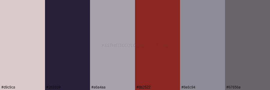color palette d9c9ca 282039 a6a4aa 8b2522 8e8c94 67656a