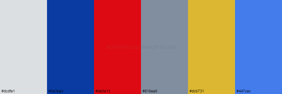 color palette dcdfe1 0a3ba3 de0a13 818ea0 dcb731 447cec