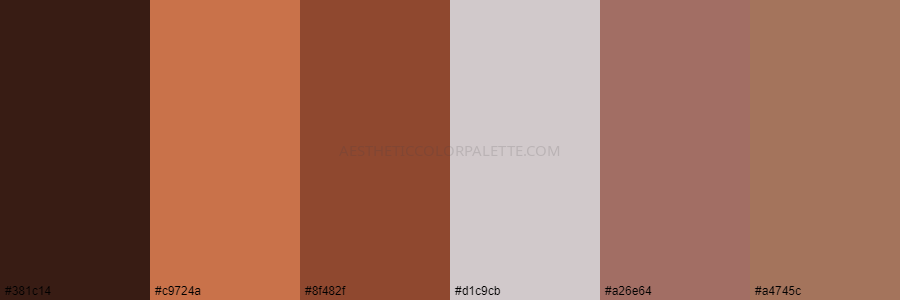 color palette 381c14 c9724a 8f482f d1c9cb a26e64 a4745c