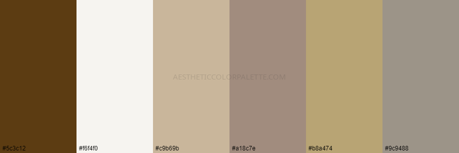 color palette 5c3c12 f6f4f0 c9b69b a18c7e b8a474 9c9488