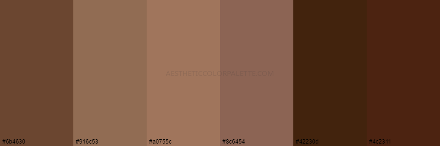 color palette 6b4630 916c53 a0755c 8c6454 42230d 4c2311