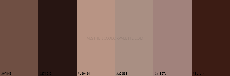 color palette 6f4f43 271512 b89484 a98f83 a1827c 3c1c14