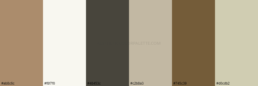 color palette ab8c6c f8f7f0 48453c c2b8a3 745c39 d0cdb2