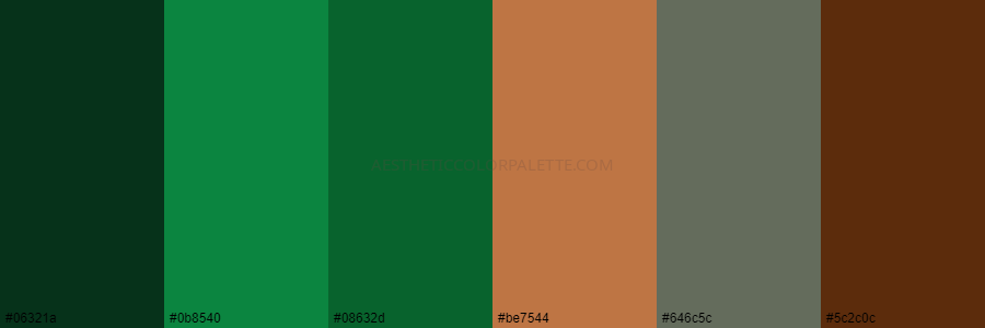 color palette 06321a 0b8540 08632d be7544 646c5c 5c2c0c 1