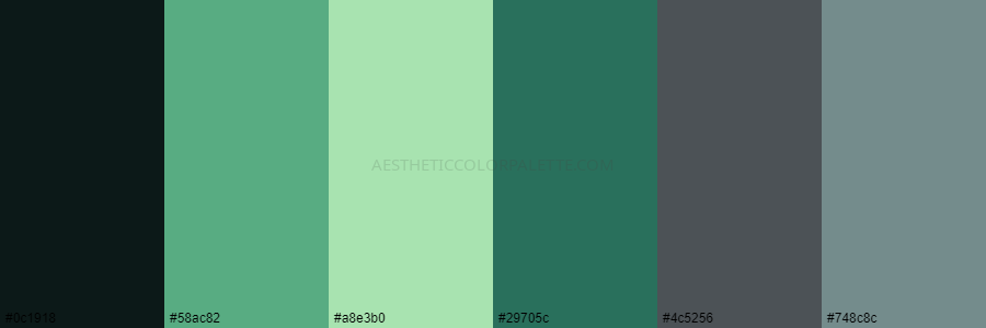color palette 0c1918 58ac82 a8e3b0 29705c 4c5256 748c8c