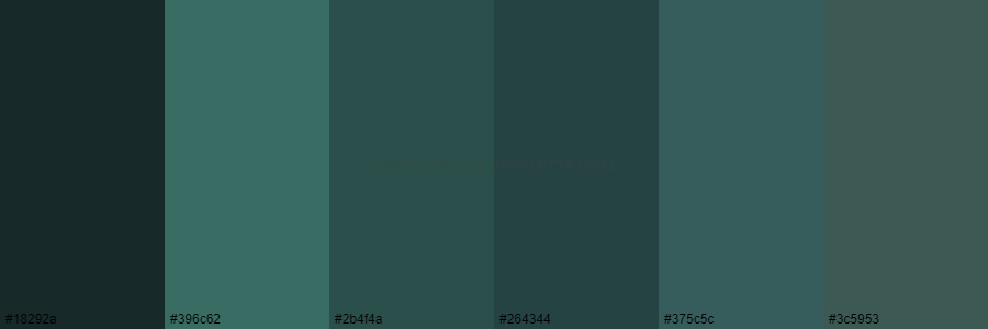 color palette 18292a 396c62 2b4f4a 264344 375c5c 3c5953