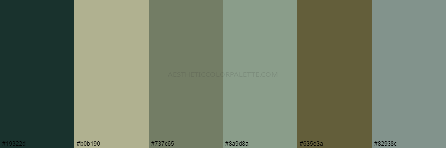 color palette 19322d b0b190 737d65 8a9d8a 635e3a 82938c