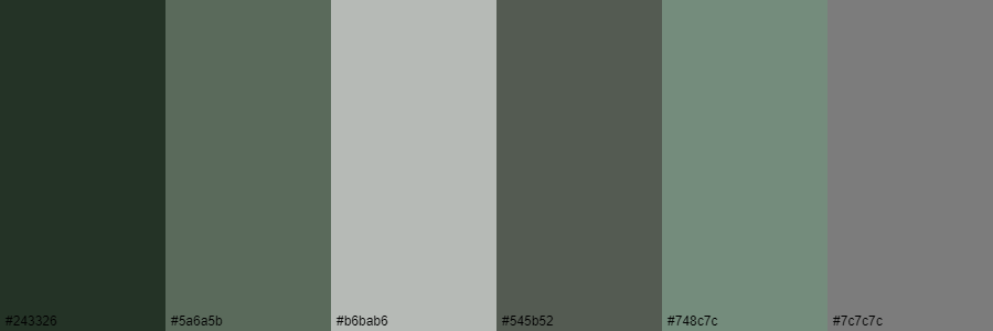 color palette 243326 5a6a5b b6bab6 545b52 748c7c 7c7c7c