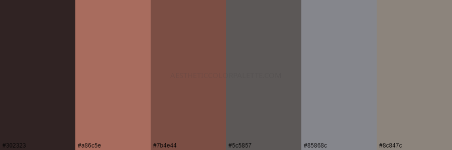 color palette 302323 a86c5e 7b4e44 5c5857 85868c 8c847c