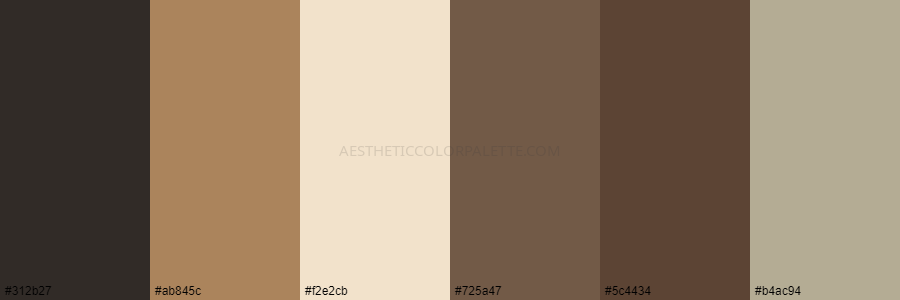 color palette 312b27 ab845c f2e2cb 725a47 5c4434 b4ac94