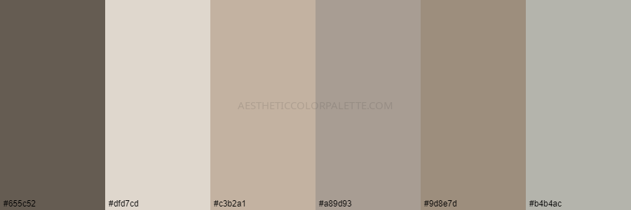 color palette 655c52 dfd7cd c3b2a1 a89d93 9d8e7d b4b4ac