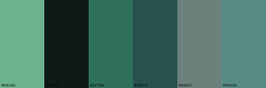 color palette 6db38d 0d1a18 2e705b 26514c 6c807c 568c84 1