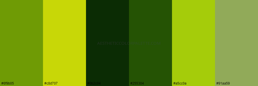 color palette 6f9b05 c8d707 0b2c04 255304 a5cc0a 91aa59 1