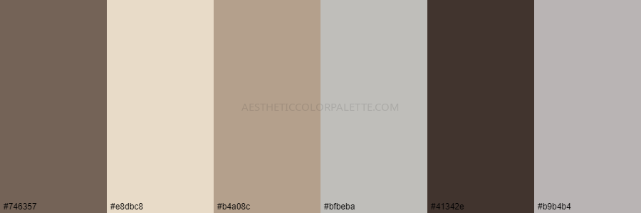 color palette 746357 e8dbc8 b4a08c bfbeba 41342e b9b4b4