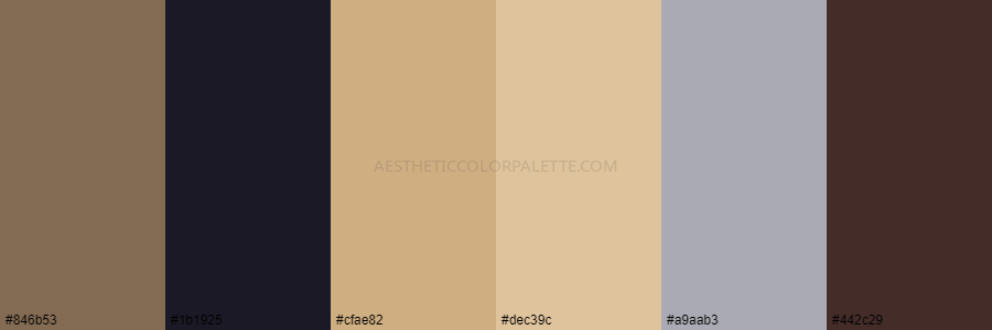 color palette 846b53 1b1925 cfae82 dec39c a9aab3 442c29