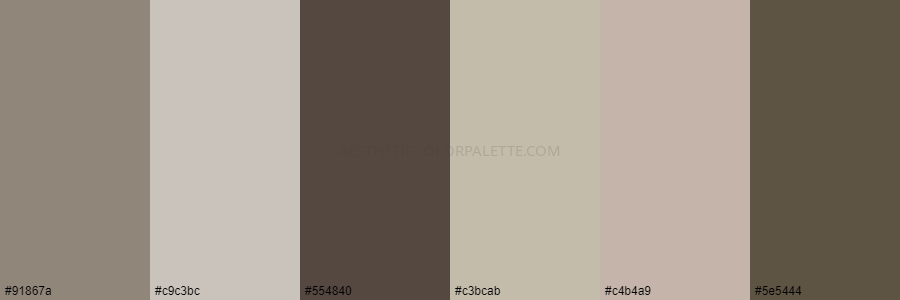 color palette 91867a c9c3bc 554840 c3bcab c4b4a9 5e5444