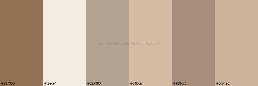 color palette 937353 f2ece1 b2a393 d4bca4 a88c7c ccb49c