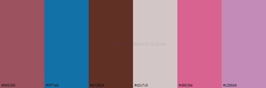 color palette 9d5260 0f71a6 613024 d2c7c5 d8638e c28bb8