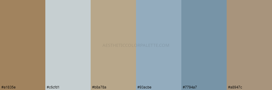 color palette a1835e c6cfd1 b8a78a 93acbe 7794a7 a8947c