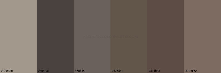 color palette a2988b 49423f 6b615c 62554a 5d4b45 7d6b62