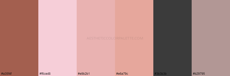 color palette a35f4f f6ced8 e9b2b1 e6a79c 3b3b3b b29795