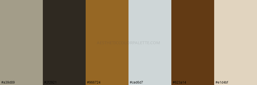 color palette a39d89 2f2921 966724 ced6d7 623a14 e1d4bf