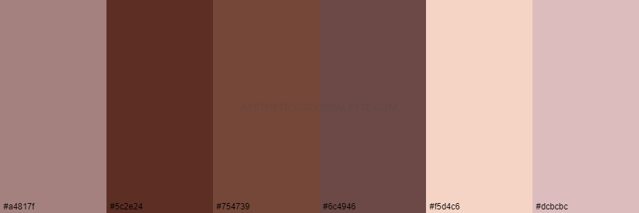 color palette a4817f 5c2e24 754739 6c4946 f5d4c6 dcbcbc