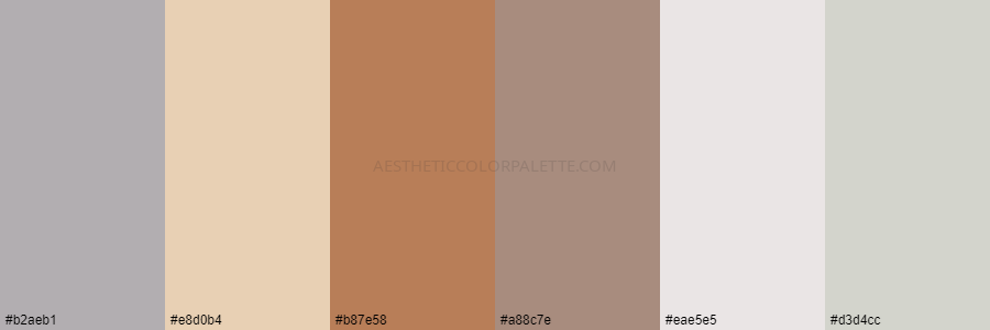 color palette b2aeb1 e8d0b4 b87e58 a88c7e eae5e5 d3d4cc