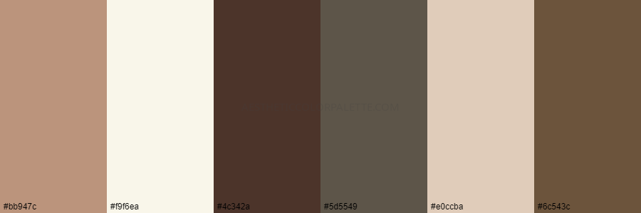 color palette bb947c f9f6ea 4c342a 5d5549 e0ccba 6c543c