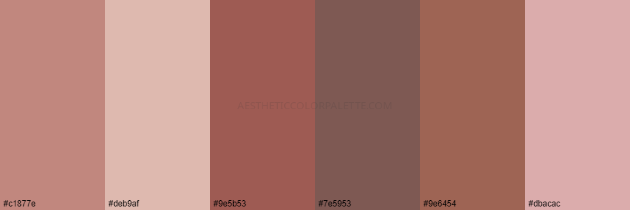 color palette c1877e deb9af 9e5b53 7e5953 9e6454 dbacac
