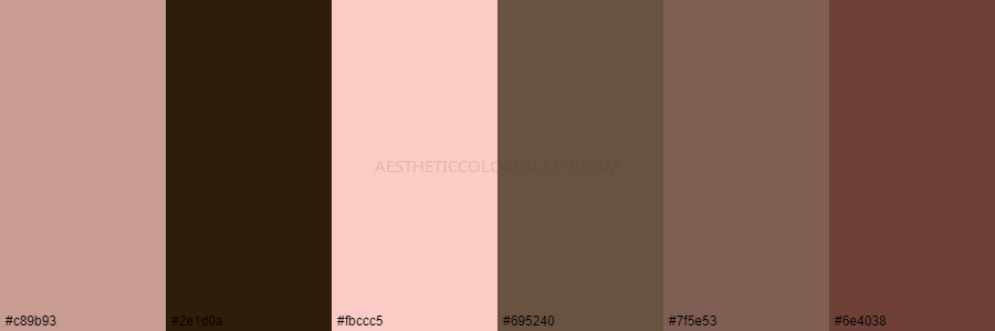 color palette c89b93 2e1d0a fbccc5 695240 7f5e53 6e4038