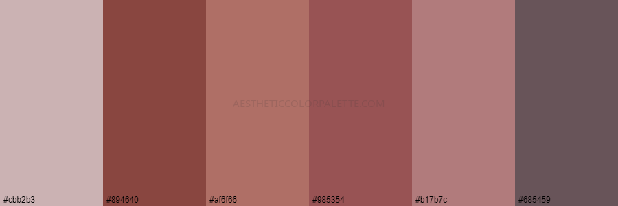 color palette cbb2b3 894640 af6f66 985354 b17b7c 685459