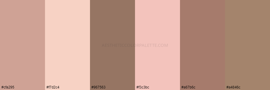color palette cfa295 f7d2c4 967563 f3c3bc a67b6c a4846c