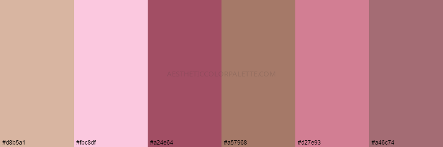 color palette d8b5a1 fbc8df a24e64 a57968 d27e93 a46c74
