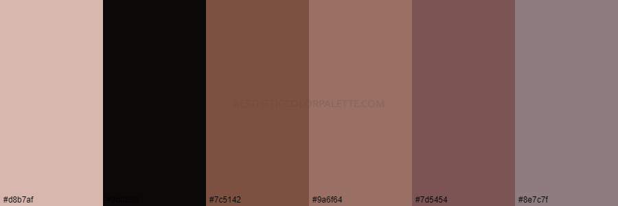 color palette d8b7af 0b0808 7c5142 9a6f64 7d5454 8e7c7f