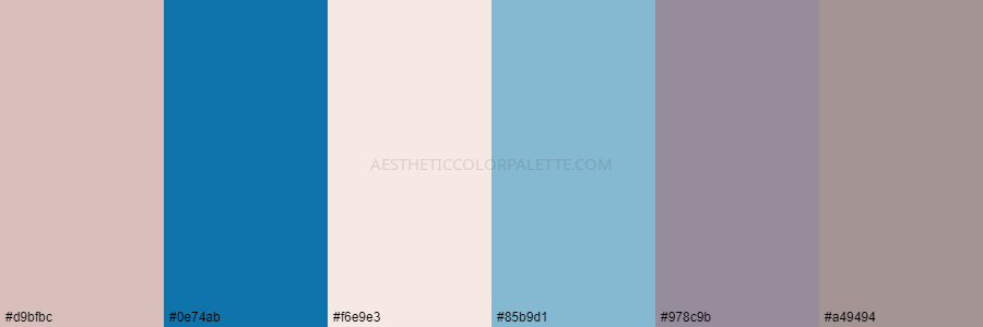 color palette d9bfbc 0e74ab f6e9e3 85b9d1 978c9b a49494