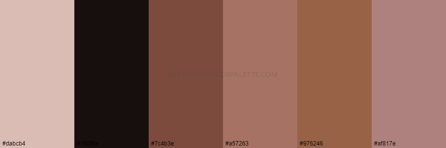 color palette dabcb4 160f0e 7c4b3e a57263 976246 af817e