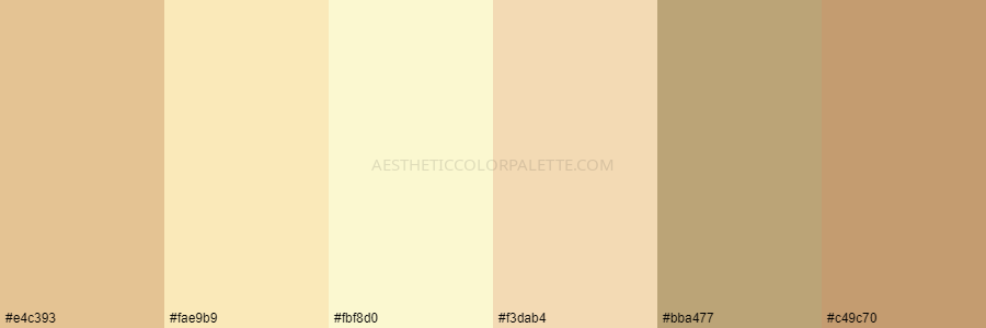 color palette e4c393 fae9b9 fbf8d0 f3dab4 bba477 c49c70